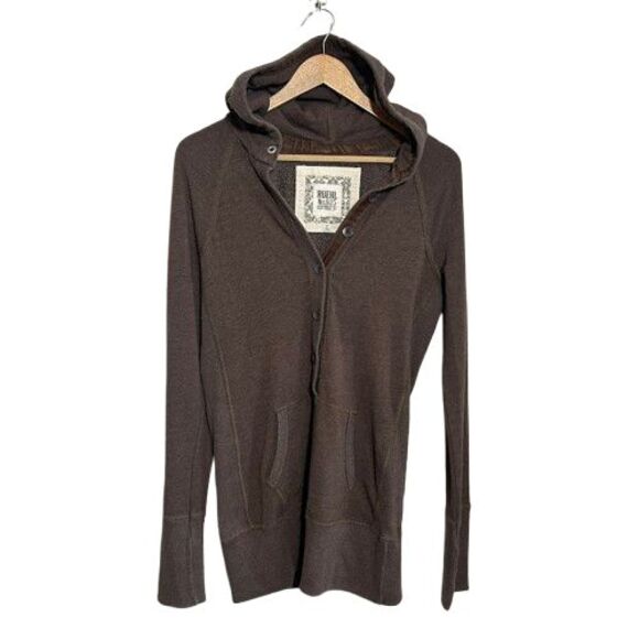 VTG Y2K Ruehl 925 Womens Henley Hoodie L Brown Long Babydoll - Picture 1 of 7